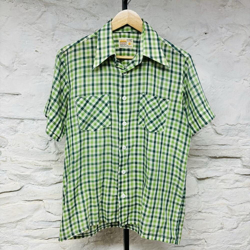 Cranbrook Vtg 50s 60s Spread Collar Green Plaid Camp Shirt Short Sleeve Mad Men